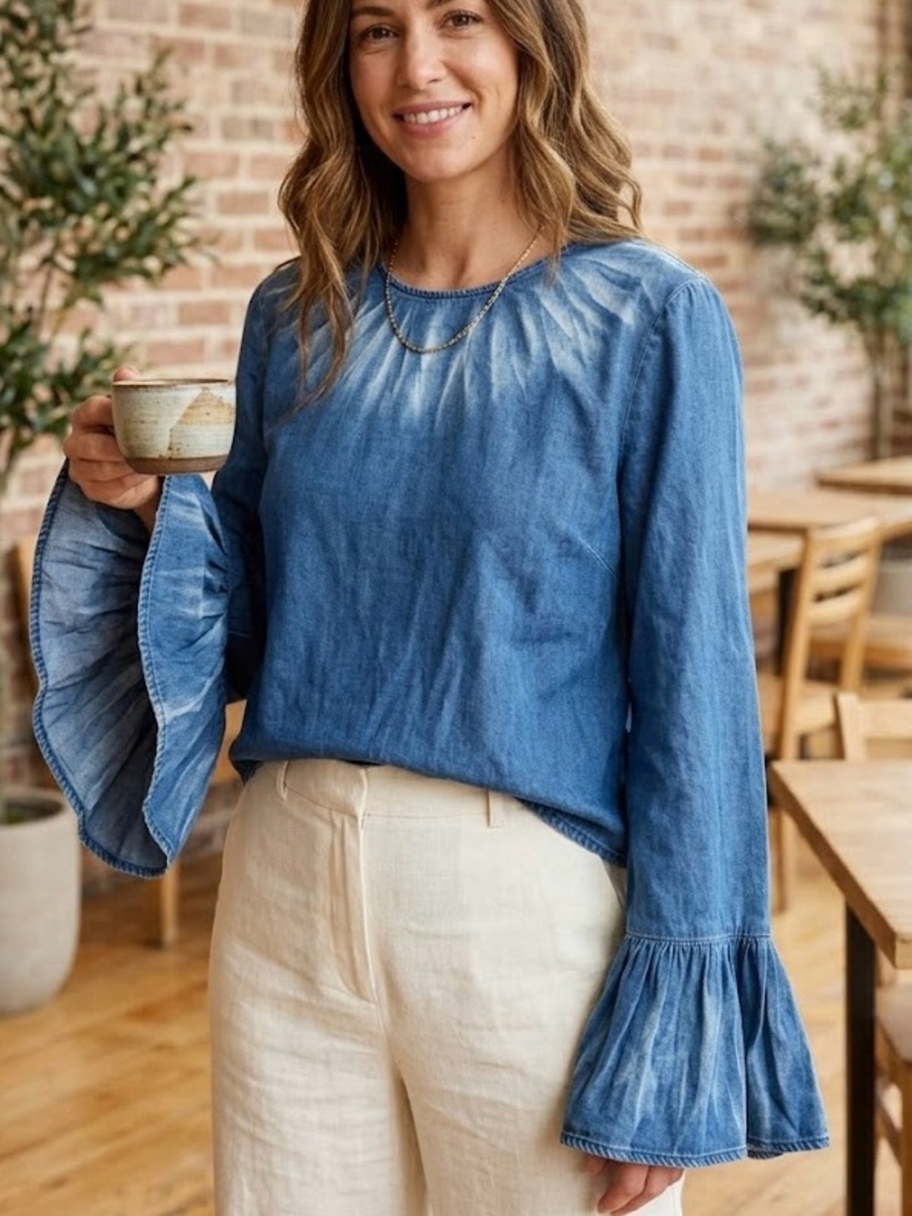 NWT Buffalo David Bitton Denim Bell Sleeve Blouse Top 70’s Hippie Boho Indie